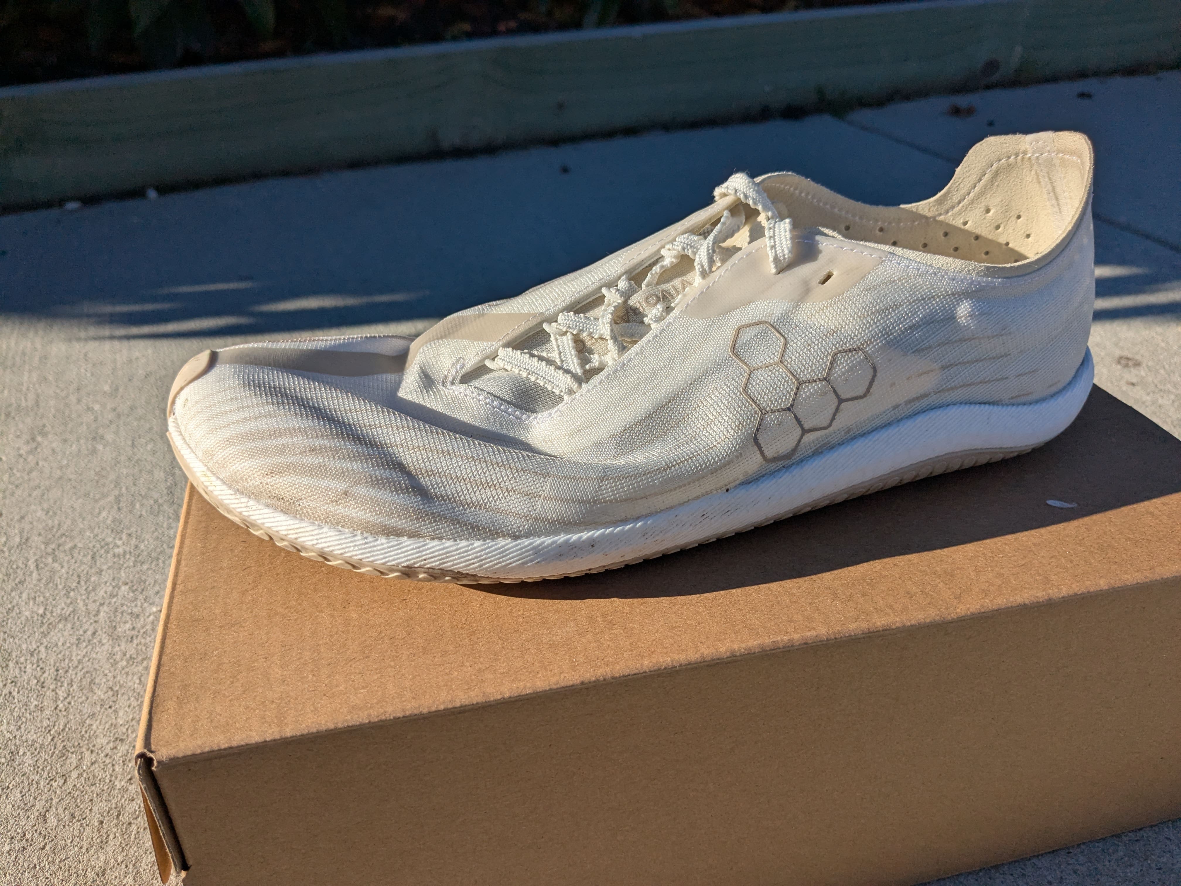 Vivobarefoot Primus Flow fit showing narrow toe box and secure midfoot